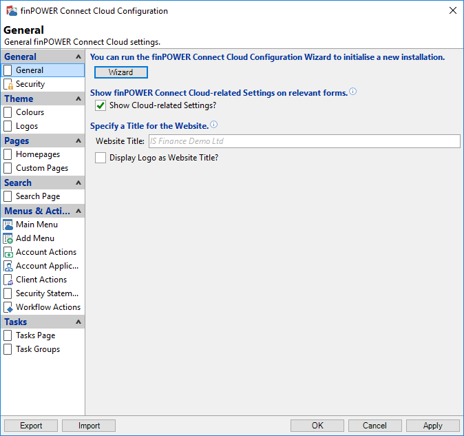 finPOWER Connect Cloud Configuration form