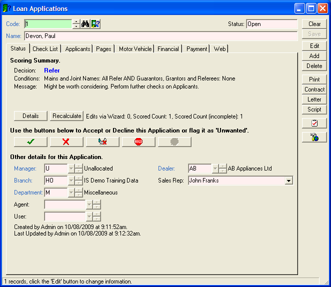 finPOWER Loan Applications, Status Sdump