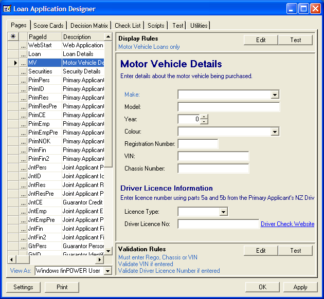 finPOWER Loan Application Designer, Pages Sdump