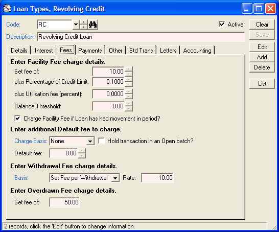 finPOWER Loan Types, Revolving credit, Fees Sdump