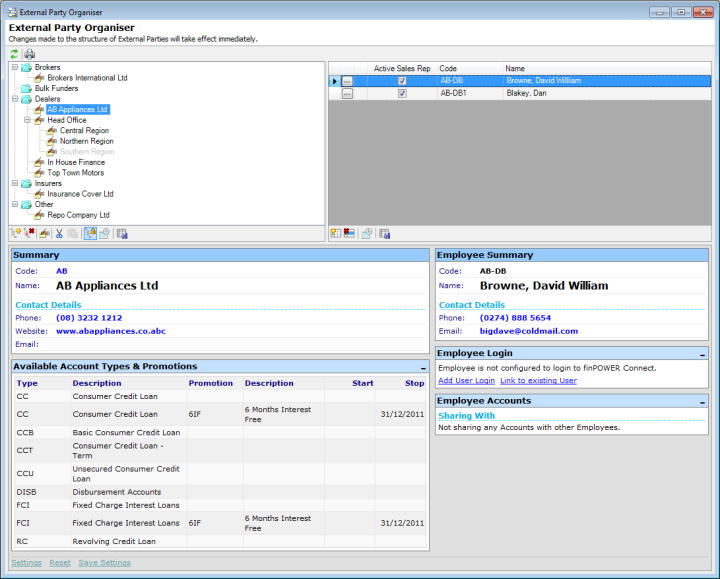 finPOWER Connect External Parties Organiser, Deale