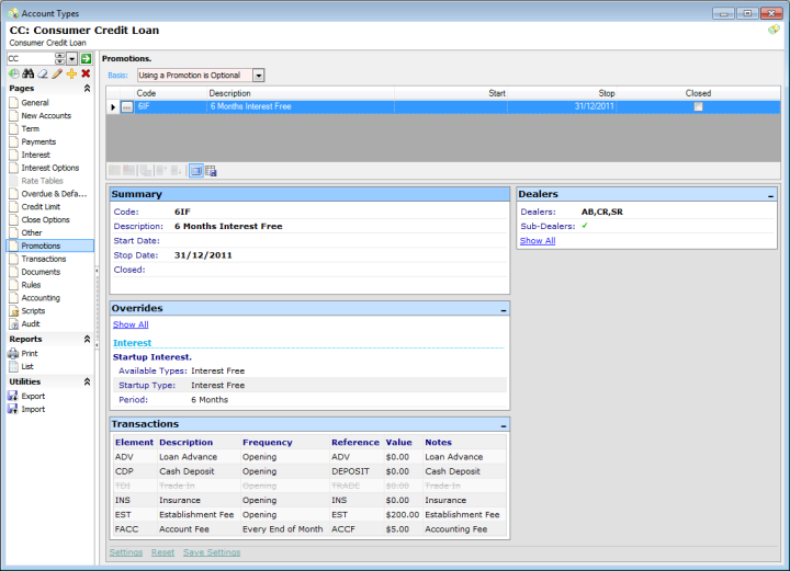 finPOWER Connect Account types, Promotions Sdump