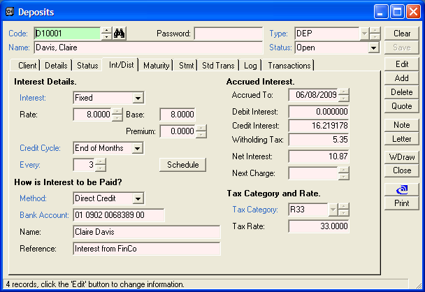 finPOWER Deposits, Interest Sdump