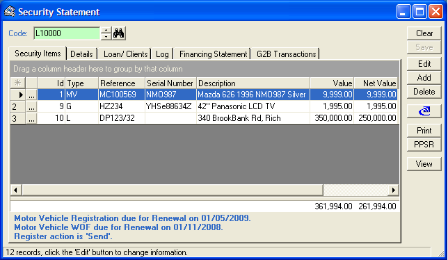 finPOWER Securities Register, Security Items