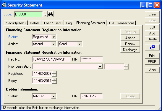 finPOWER Securities Register, Financing Statement