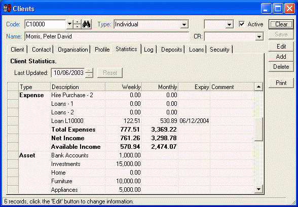 finPOWER Clients, Statistics Sdump